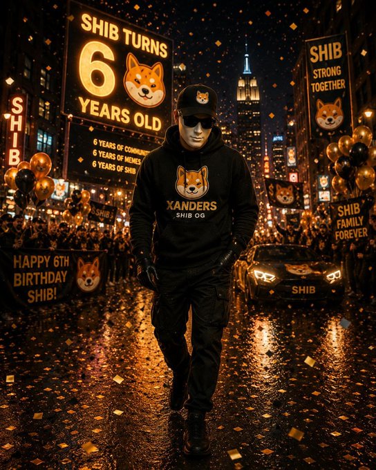 The image shows a masked figure in a "XANDERS SHIB OG" hoodie walking through a nighttime street celebration with golden confetti, featuring prominent signs reading "SHIB TURNS 6 YEARS OLD," "HAPPY 6TH BIRTHDAY SHIB!," "SHIB STRONG TOGETHER," and "SHIB FAMILY FOREVER." The scene, complete with Shiba Inu dog imagery and a city skyline backdrop, visually echoes the post's tribute to Shiba Inu's ($SHIB) 6-year milestone and its resilient 4-million-strong community.