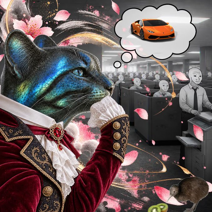 A surreal AI-generated artwork featuring an anthropomorphic panther in 18th-century aristocratic attire with a ruffled collar, set against a pink floral backdrop with an office worker dreaming of a Lamborghini in the background.
