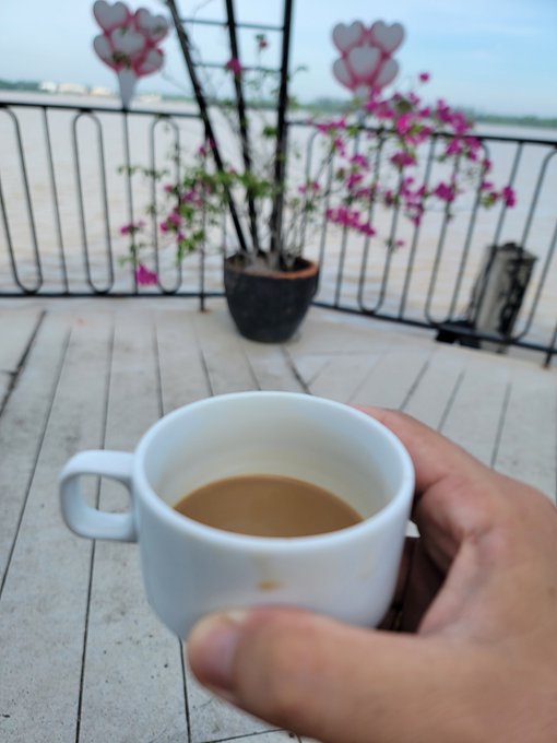 A hand holding a white cup of coffee in the foreground, with a blurred background showing a potted plant with pink flowers on a balcony or rooftop overlooking a hazy landscape.