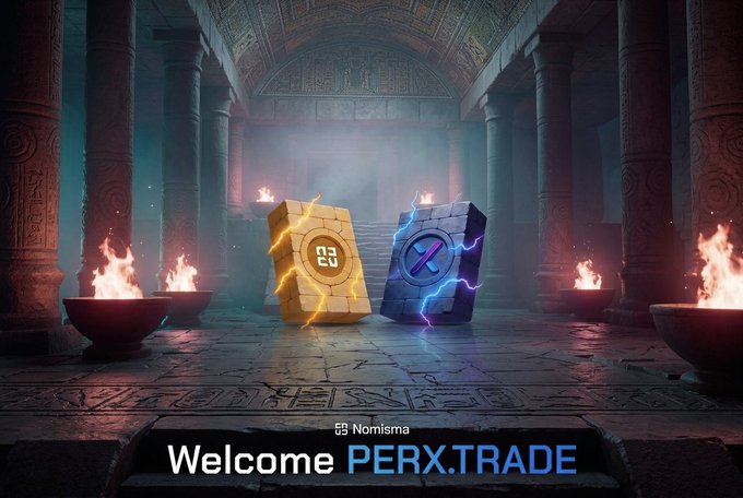 A promotional welcome image for 'PERX.TRADE' by Nomisma, featuring golden and silver XPRX tokens with a temple/altar aesthetic and flaming bowls.