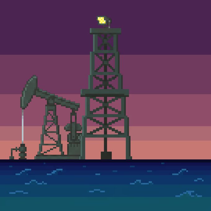 Pixel art illustration of an offshore oil rig and pump jack silhouetted against a purple and pink sunset over the ocean.