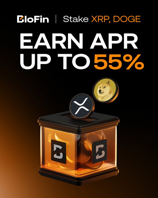 In the center of a poster for cryptocurrency, there are two coins - one black coin and one yellow coin. A dollar sign symbol is present above the coins. The text on the poster reads "Start your week with BloFin Earn’s Monday Exclusive! Take advantage of high-yield savings on XRP and DOGE with up to 55% APR". This information suggests that there are some rewards or promotional offers available for using XRP and DOGE, potentially related to the cryptocurrency market.