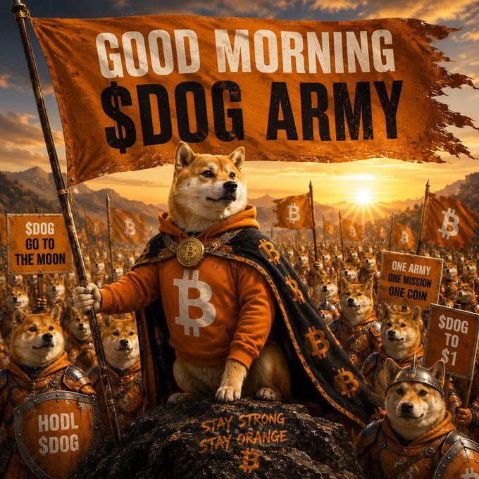 An epic fantasy-style image of a Shiba Inu dog wearing a Bitcoin hoodie and cape, leading an army with a banner reading 'GOOD MORNING $DOG ARMY', surrounded by signs saying '$DOG GO TO THE MOON', 'HODL $DOG', 'ONE ARMY ONE MISSION ONE COIN', and 'STAY STRONG STAY ORANGE'.