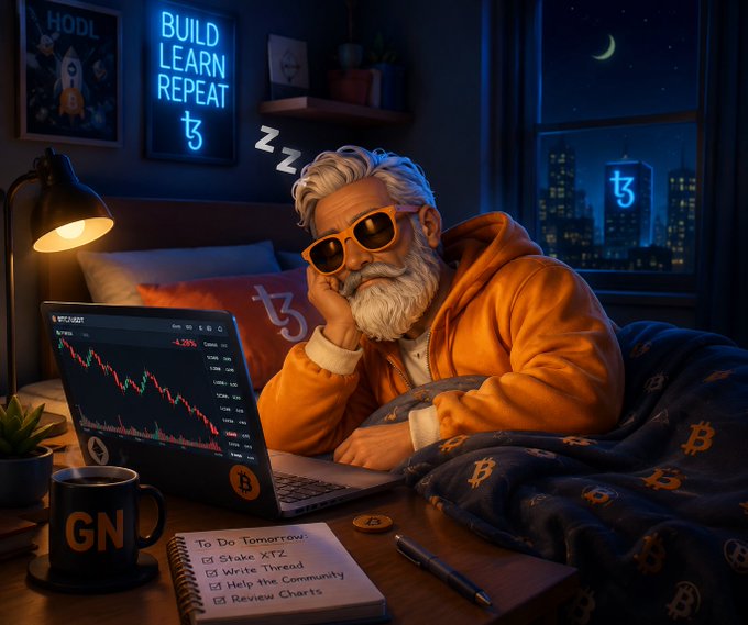 A tired trader wearing "GN" glasses rests with red eyes, a red bearish chart background, and a "To Do Tomorrow" checklist featuring tasks like "Stake XTZ," "Write Thread," "Help the Community," and "Review Charts," while Bitcoin-themed slippers sit nearby—visually reinforcing the post's "Good Night CT" sign-off after a long day in crypto.