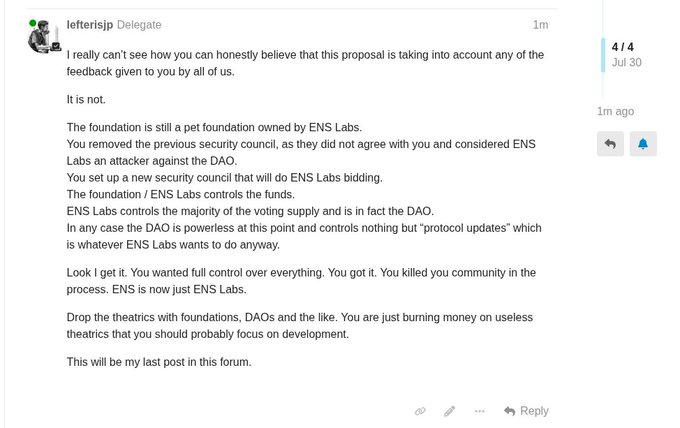 A screenshot of a forum post by user 'lefterisjp' criticizing a proposal regarding ENS Labs, arguing that the foundation is essentially controlled by ENS Labs rather than being a true DAO.