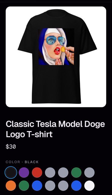 This is a black "Classic Tesla Model Doge Logo T-shirt" for $30. The shirt features an image of a nun wearing aviator sunglasses with the Doge meme reflected in them.