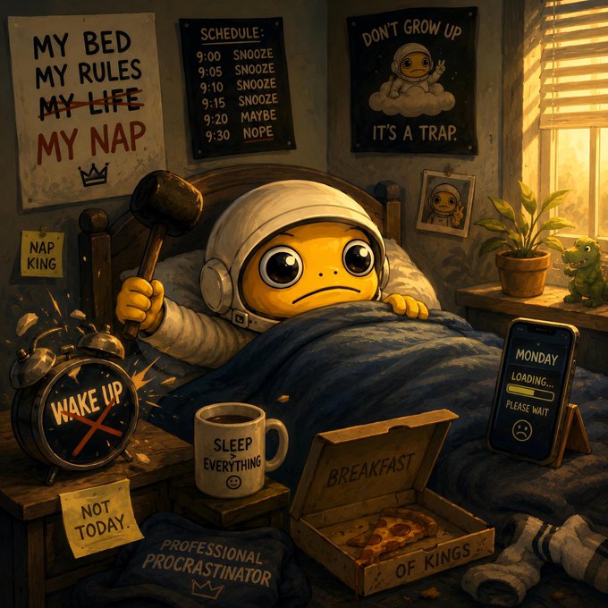 The image features a cartoon frog wearing an astronaut suit sitting in a bed with a cup of coffee next to him. The frog appears to be in a comical situation, as if he has been given superpowers or is in a space adventure. In the background, there are various posters and signs that include phrases such as "my bed rules", "my nap", and "it's a trap". These elements create an amusing and playful atmosphere surrounding the cartoon frog and his adventures within the bedroom setting.

The post also mentions that Monday is loading but the bed seems too cozy to leave, adding a humorous twist to the scene. The combination of the cartoon frog in space suit with the comical situation creates a lighthearted and entertaining image that connects well with the playful theme of the post.
