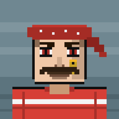 A pixel art portrait depicts a character wearing a red bandana and red shirt, featuring a mustache and a gold tooth.