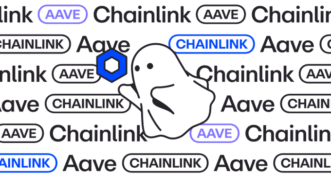The image features a cartoon ghost mascot surrounded by repeating "Aave" and "Chainlink" branding, visually representing the post's message about Aave adopting Chainlink CCIP for secure cross-chain infrastructure in its mobile app. The ghost symbolizes the "zero new trust assumptions" highlighted by LlamaRisk's security assessment, reinforcing the theme of uncompromised security for DeFi at scale.