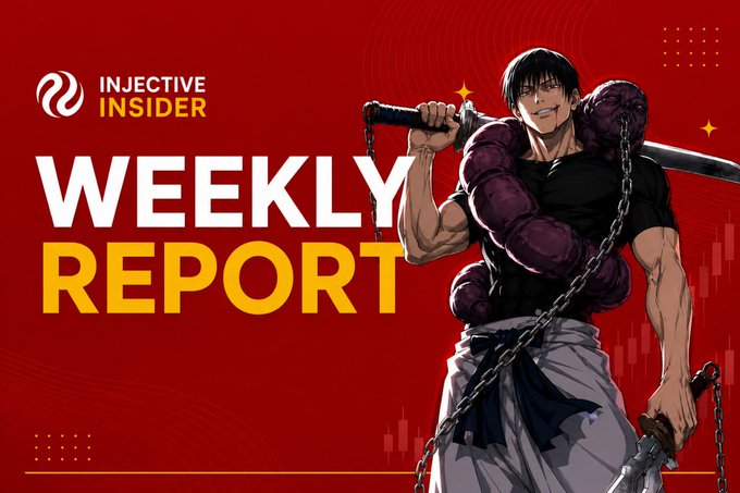A promotional banner for 'INJECTIVE INSIDER WEEKLY REPORT' features an anime-style character holding a sword and chain against a red background.