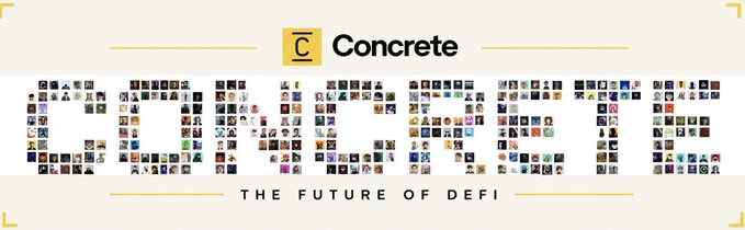 A promotional banner for "Concrete" with the tagline "THE FUTURE OF DEFI," featuring a mosaic background composed of numerous NFT character icons.