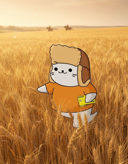 Cartoon illustration of a cute white cat character wearing an orange shirt and brown ushanka hat standing in a golden wheat field at sunset.