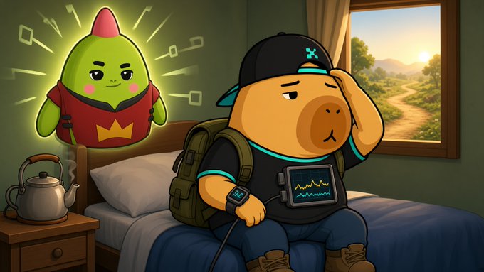 A cartoon illustration showing a glowing green avocado-like character with a red cape alongside a bear-like character wearing a black cap and backpack, sitting on a bed with a medical monitor displaying a heartbeat.