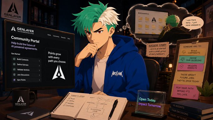An anime-style illustration of a green-haired young man sitting at a desk with a laptop displaying the 'GENLAYER' Community Portal, accompanied by a notebook labeled 'TODAY'S STEP,' bookmarks, a 'SUCCESS STORY' sticky note, and a checklist of tasks for an AI agent career, with the text 'Open Today. Impact Tomorrow.'