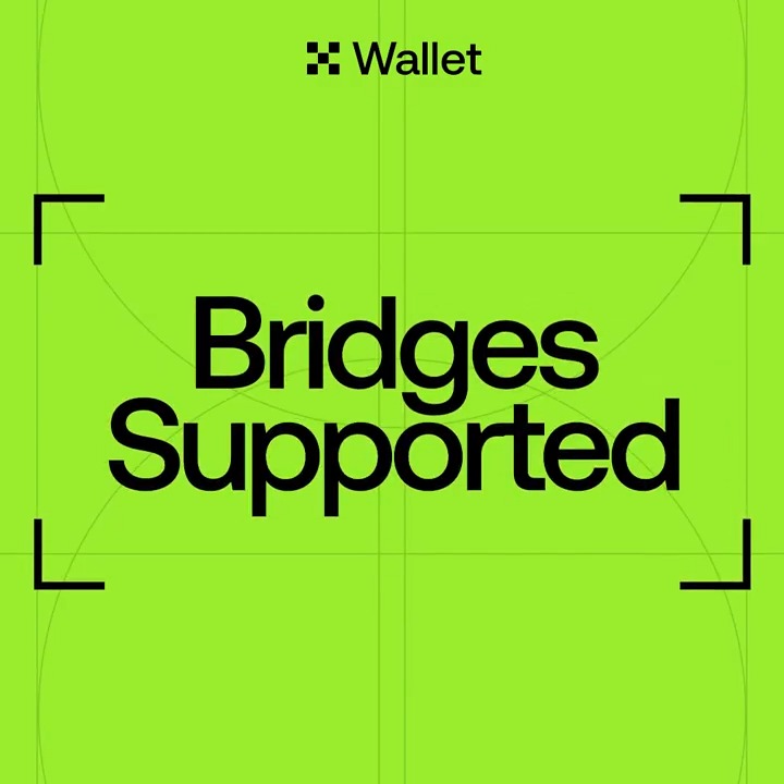 A vibrant green graphic featuring the "Wallet" logo at the top and bold black text reading "Bridges Supported" enclosed in corner brackets, visually reinforcing the message that the wallet simplifies cross-chain asset transfers by routing across 30+ bridges.