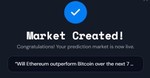 A confirmation screen displaying a blue checkmark with the text "Market Created! Congratulations! Your prediction market is now live," previewing a market titled "Will Ethereum outperform Bitcoin over the next 7..." This corresponds to the post announcing the creation of a new ETH vs. BTC prediction market on Prophet Market.