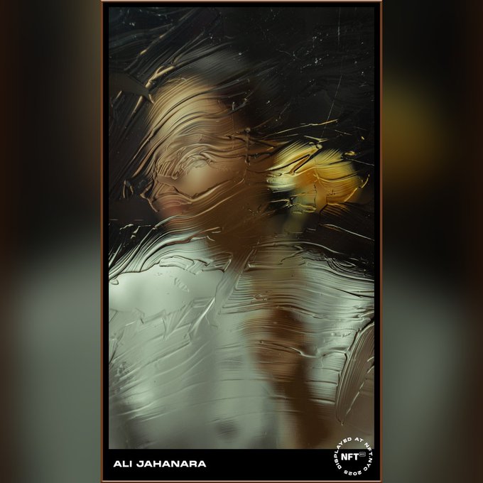 The image displays an abstract, glitchy artwork by Ali Jahanara (text visible at bottom left), with swirling distortions of a figure in muted green and gold tones, bearing an "NFT.NYC 2025" badge (bottom right) — corresponding to the post about her piece being featured at NFT.NYC 2025 in Times Square.