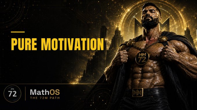 A muscular, bearded man wearing an MM72 medallion opens his cape in front of a golden, futuristic cityscape backdrop, with text reading 'PURE MOTIVATION' and 'MathOS THE 72M PATH'.