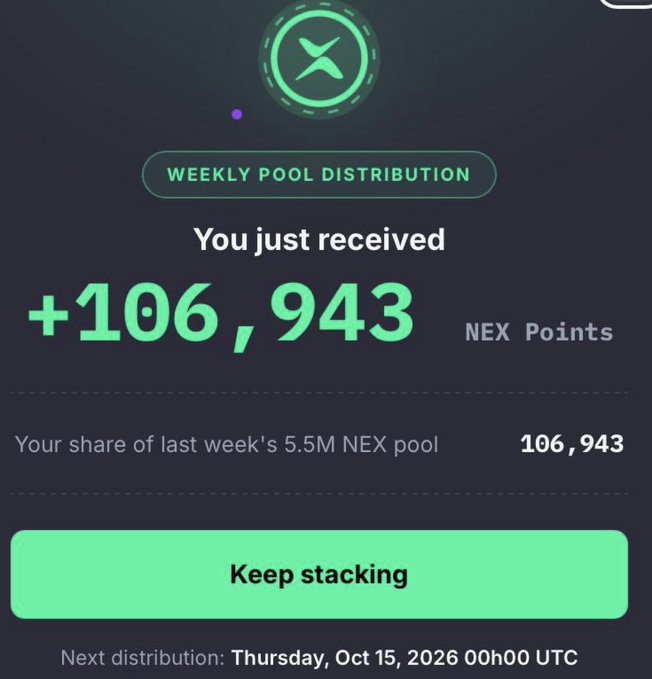 A 'WEEKLY POOL DISTRIBUTION' notification screen showing receipt of +106,943 NEX Points from a 5.5M NEX pool, with next distribution scheduled for Thursday, Oct 15, 2026.