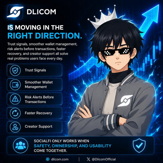 A promotional poster for 'DLICOM' featuring an anime-style character wearing pixel sunglasses and a crown, highlighting features like Trust Signals, Smoother Wallet Management, Risk Alerts Before Transactions, Faster Recovery, and Creator Support, with @DlicomOfficial.