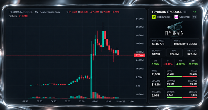 A cryptocurrency trading chart showing FLYBRAIN/GOOGL on dexscreener.com, with a price of $0.02776 USD and a notable spike around 09:30 followed by a sharp decline.