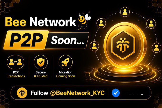 A promotional graphic announcing that Bee Network's P2P feature is "Coming Soon," featuring icons for P2P Transactions, Security, and Migration, alongside a follow link for @BeeNetwork_KYC. The image visually reinforces the post's message about preparing for the upcoming migration and listing, emphasizing the need for KYC verification to participate in P2P transactions.