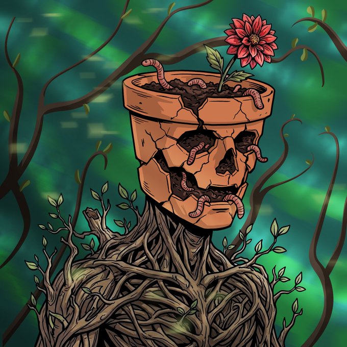 An illustration of a figure made of twisted roots and vines with a cracked terracotta pot as its head, sprouting a pink flower and worms, set against a green forest backdrop.