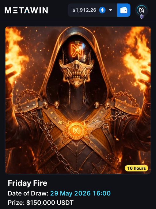 The main focus of the image is a poster with a design featuring flames as the background element. Below the poster, there are details about an event or contest that can be won by depositing money into a Metawin account. The poster includes text stating "Friday Fire" and "Fridays draw 20 May 2026: $50,000 USDT". This indicates that participants who deposit $50,000 will have the chance to win a prize on Friday of the month of 20 May 2026.