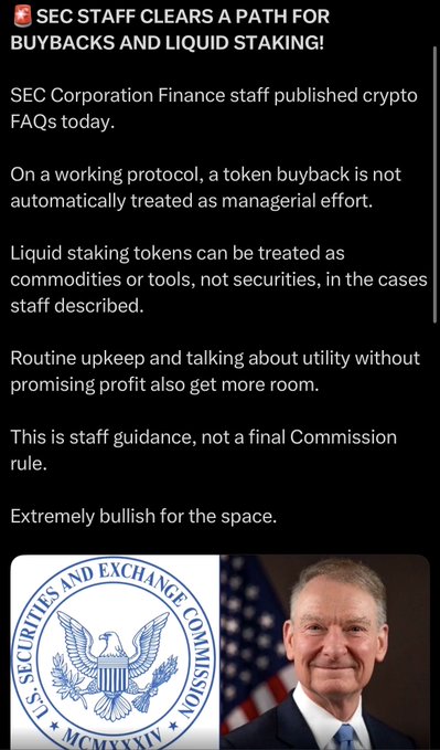 A news graphic headlined 'SEC STAFF CLEARS A PATH FOR BUYBACKS AND LIQUID STAKING!' explaining new SEC crypto FAQs regarding token buybacks and liquid staking tokens, marked as 'Extremely bullish for the space,' alongside the SEC seal and a photo of an SEC commissioner.