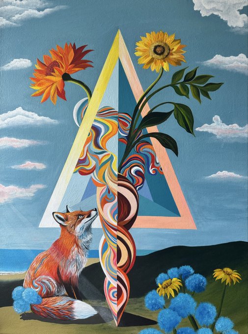 A surreal painting featuring a fox gazing up at colorful, swirling flames emerging from a triangle, with vibrant sunflowers and blue blossoms against a cloudy sky and coastal landscape.
