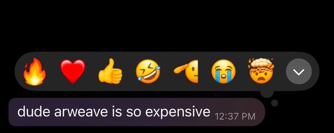 A chat message reading 'dude arweave is so expensive' with a row of reaction emojis above it, including fire, heart, thumbs up, and laughing emojis.