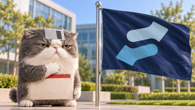 An angry-looking cat with a bandaged head holding a package standing next to a flag bearing the StockX logo in front of a modern office building.