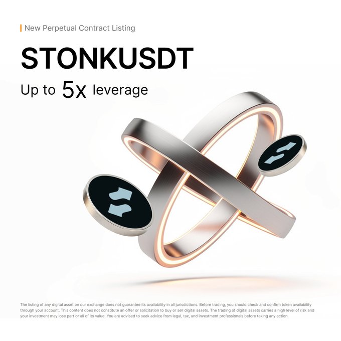 A promotional graphic announcing the new perpetual contract listing of STONKUSDT, featuring the ticker prominently displayed alongside text highlighting "Up to 5x leverage" and decorative 3D metallic rings with STONK coin logos, matching the Bybit announcement for the token's launch.