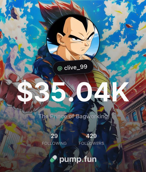 A profile image featuring an anime-style Vegeta from Dragon Ball with the username '@clive_99', showing '$35.04K', 'The Prince of Bagworking', 29 following, 429 followers, and a 'pump.fun' logo.