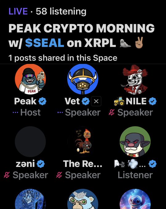 A screenshot of a live X (Twitter) Space titled 'PEAK CRYPTO MORNING w/ $SEAL on XRPL' with 58 listeners. The host is 'Peak' and the speakers include 'Vet', 'NILE', 'zæni', and 'The Re...'.