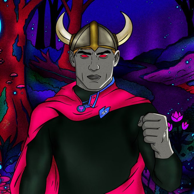 A comic-style illustration of a character wearing a horned helmet, a red cape, and a black suit with 'M' and lightning bolt emblems, set against a vibrant purple and pink fantasy landscape.