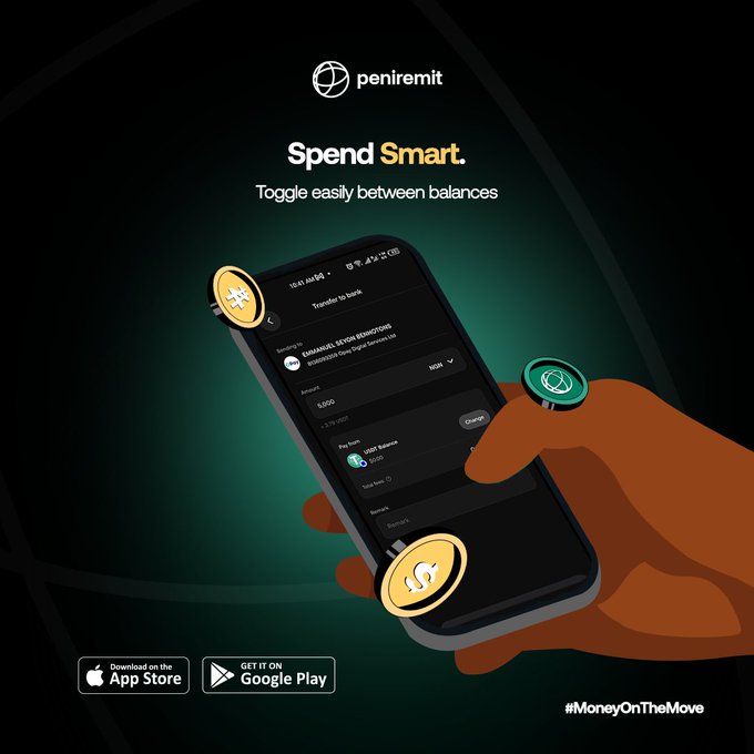 A Peniremit mobile app advertisement promoting its "Spend Smart" feature, showing a hand holding a smartphone displaying a transfer of $1,000 from "EMMANUEL ERVOH KUMAH-ADDO" with a $200 USDT balance visible, set against a dark green background with App Store and Google Play download buttons and the hashtag #MoneyOnTheMove. The image illustrates the post's narrative of combining multiple crypto balances (USDT, WKC, USDC) into one seamless transaction.