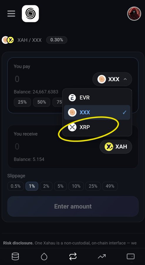 The image shows a dark-themed cryptocurrency swap interface where XXX tokens can be exchanged for XAH, with a dropdown menu highlighting the option to select XRP as the "You pay" currency. The interface displays balances of 24,667.6383 XXX and 5.154 XAH, along with slippage options ranging from 0.5% to 49%, illustrating the cross-chain conversion capability between Xahau (XAH) and XRP networks mentioned in the post.