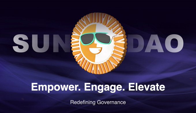 A logo featuring a sun-shaped face with sunglasses, with the text 'SUN DAO', 'Empower. Engage. Elevate', and 'Redefining Governance'.