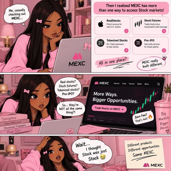 A pink-themed comic advert for MEXC exchange showing a woman discovering MEXC offers multiple stock market products: RealStocks, Stock Futures, Tokenized Stocks, and Pre-IPO, concluding with 'Different products. Different opportunities. Same MEXC.'