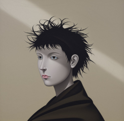 A close-up digital portrait of a pale-skinned figure with messy, spiky black hair, set against a beige background with a diagonal beam of light.