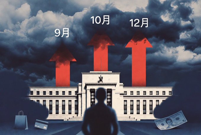 The image shows the Federal Reserve building under dark stormy clouds, with three large red upward arrows labeled "9月" (September), "10月" (October), and "12月" (December) symbolizing interest rate hikes, while a silhouetted person sits in front with a shopping bag, credit card, and dollar bill scattered nearby—visually representing the burden these rate increases place on consumers.