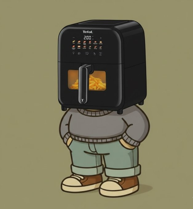 A cartoon character with a Tefal air fryer for a head, displaying "200" on its screen with fries inside, stands in a relaxed "gchill" pose wearing a gray sweater and green pants. The air fryer-headed figure embodies a laid-back, fry-filled vibe matching the chill aesthetic of the post.