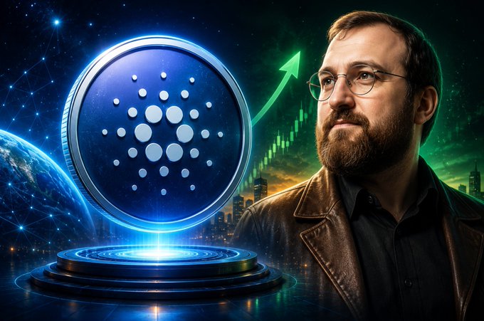 The image features a man with glasses and a beard wearing a leather jacket, standing beside a large glowing Cardano (ADA) cryptocurrency coin on a futuristic pedestal, with a green upward arrow and candlestick charts in the background symbolizing bullish momentum. This visually represents the post's message about Cardano (ADA) regaining momentum, with rising transaction volumes and growing investor interest signaling renewed bullish sentiment for the network.