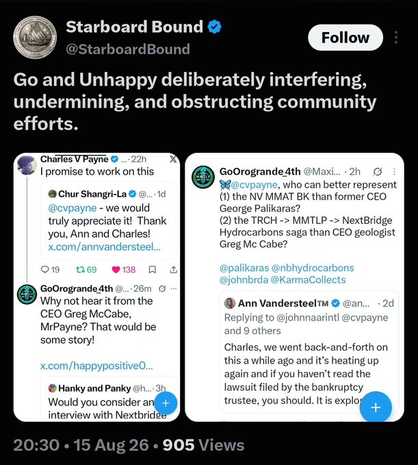 A Twitter/X post from verified account @StarboardBound reads 'Go and Unhappy deliberately interfering, undermining, and obstructing community efforts,' quoting a thread between Charles V Payne, Chur Shangri-La, GoOrgrande4th, Ann Vandersteel, and Hanky and Panky about CEO Greg Mc Cabe, NV MMAT BK, and Nextbridge Hydrocarbons, posted at 20:30 on 15 Aug 26 with 905 Views.