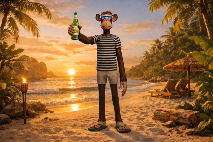 A cartoon monkey wearing a striped shirt, sunglasses, and flip-flops stands on a tropical beach at sunset, holding up a green glass bottle of beer. The "hydrate apes" caption humorously ties to the monkey raising a drink, playfully encouraging hydration with a beverage in hand.