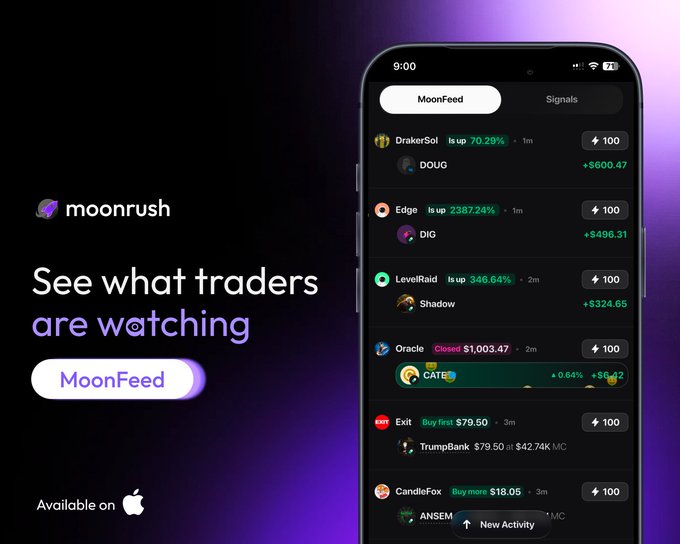 A promotional graphic for the MoonRush app's MoonFeed feature, displaying the text 'See what traders are watching' and showing a mobile interface listing trader activities with tickers like DOUG (+$600.47), DIG (+$496.31), Shadow (+$324.65), CATE, TrumpBank, and ANSEM. It indicates availability on the Apple App Store.