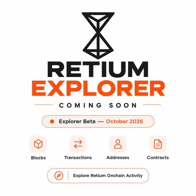 A promotional graphic for "RETIUM EXPLORER" announcing a "Coming Soon" release, with an "Explorer Beta — October 2026" label and icons for Blocks, Transactions, Addresses, and Contracts.