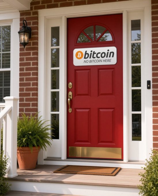 A red front door of a brick house with a sign reading 'bitcoin' and 'NO BITCOIN HERE', accompanied by a potted fern on the porch.