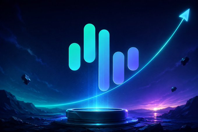 A futuristic digital illustration featuring a glowing teal sound wave or audio equalizer symbol rising from a high-tech pedestal, with a bright upward-pointing arrow curving across a starry night sky.